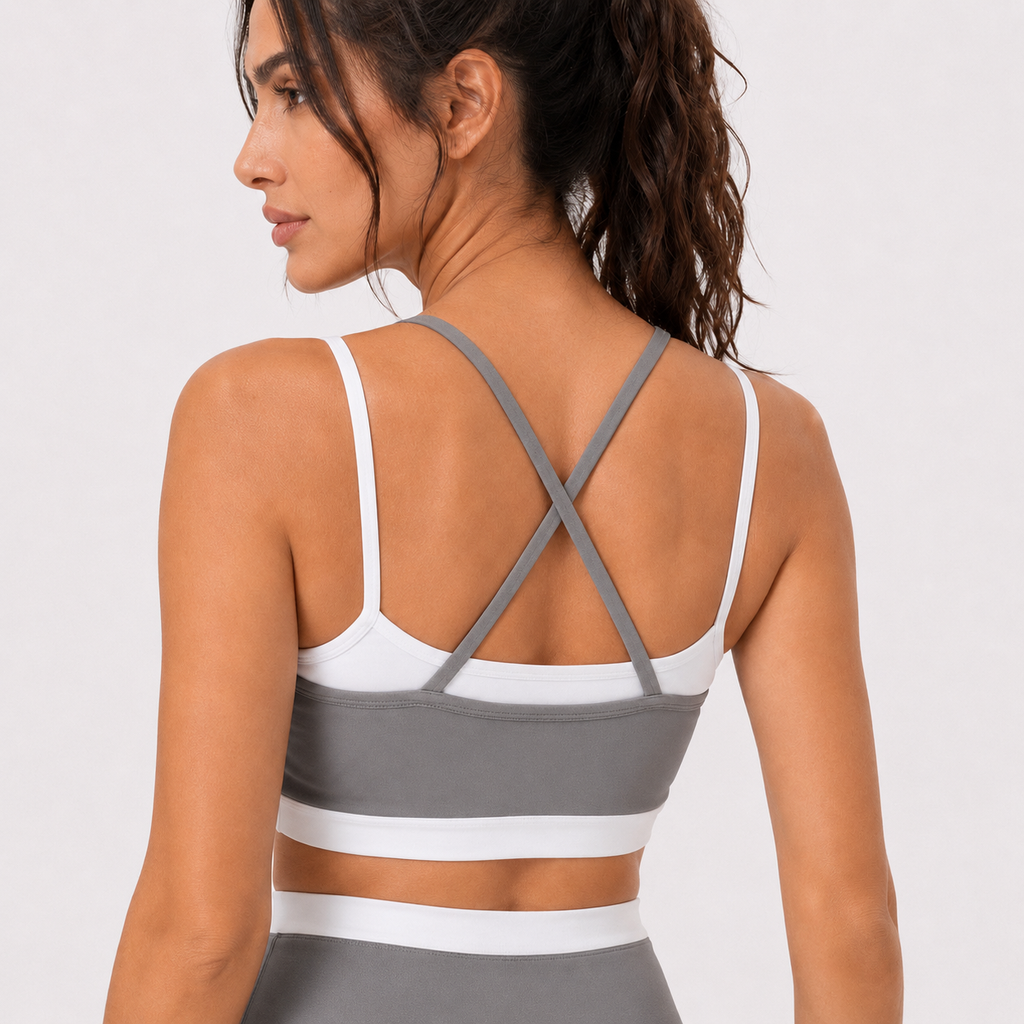 Tao gray__04_front-detail | Close-up front view of the layered sports bra in Tao Gray