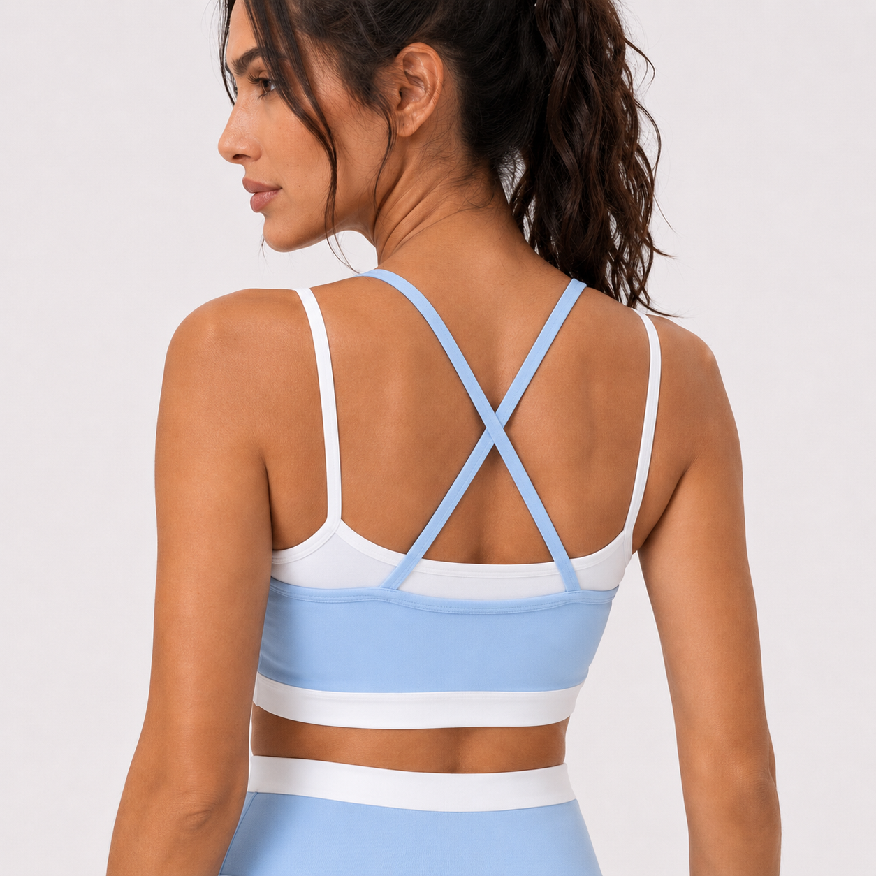 Sky Blue__06_stretch | Close-up showing the stretch waistband of the Sky Blue leggings