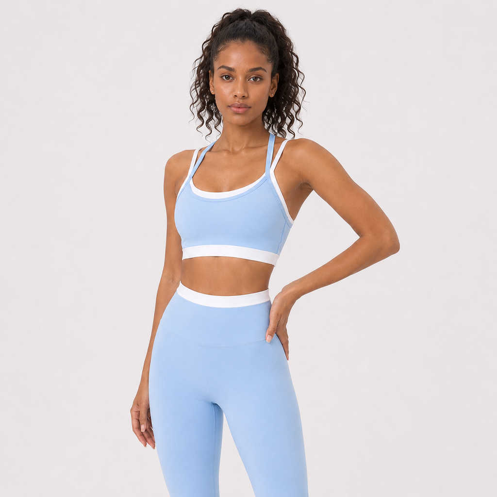 Sky Blue__04_front-detail | Close-up front view of the layered sports bra in Sky Blue
